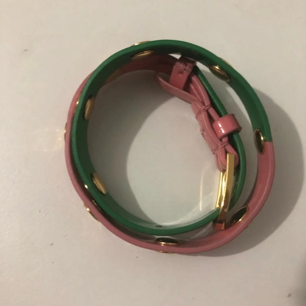 Tory Burch Pink and Green Double Wrap Gold Logo Stud Buckle Bracelet